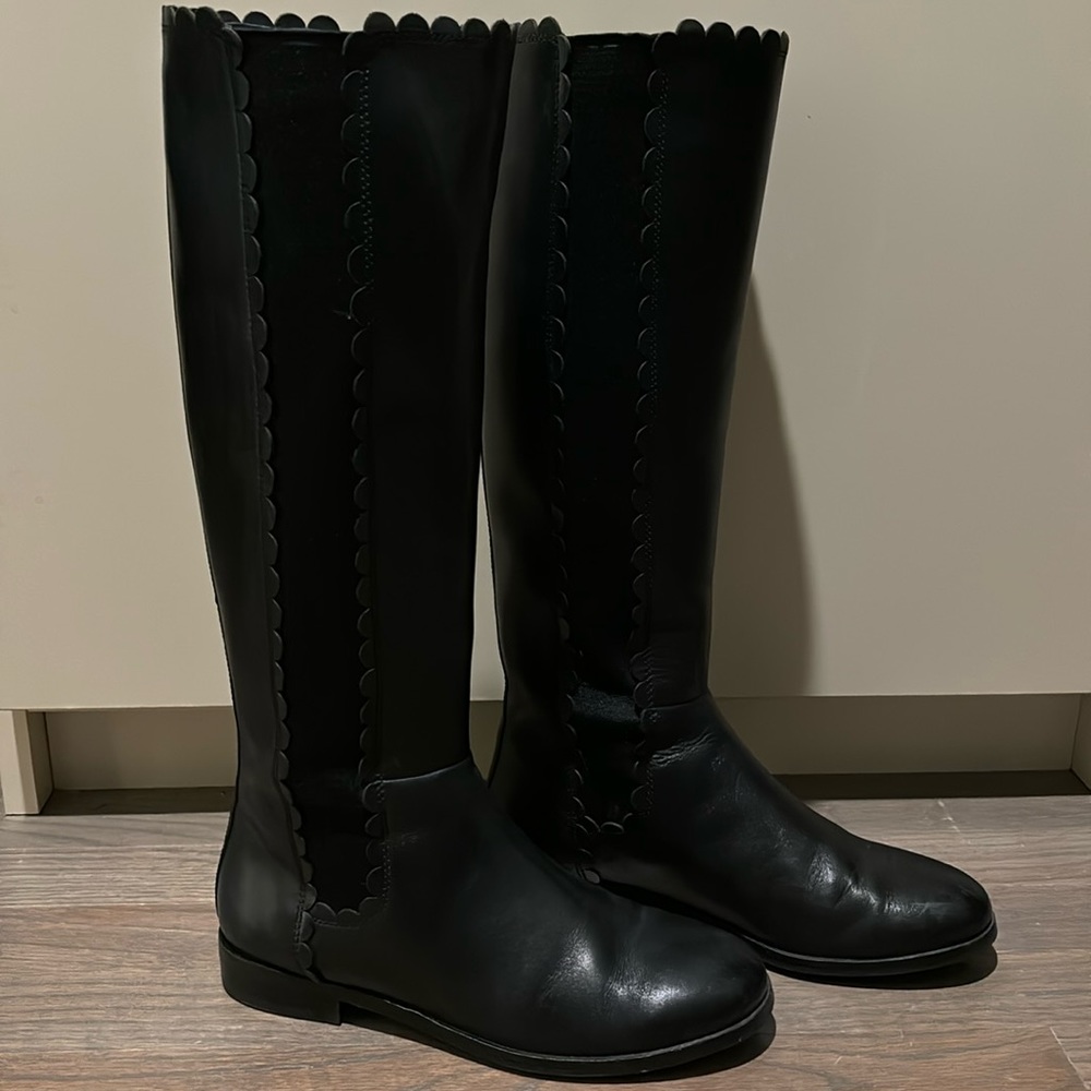 Black Kate Spade scallop detail riding boots leather size 7